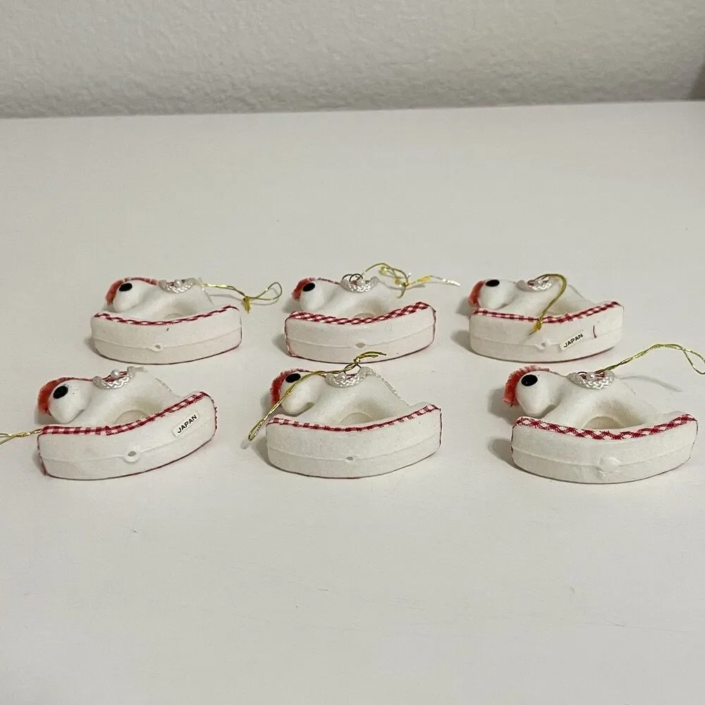 Vintage White Flocked Christmas Ornamants Japan Red Gingham Bear Mouse Elephant